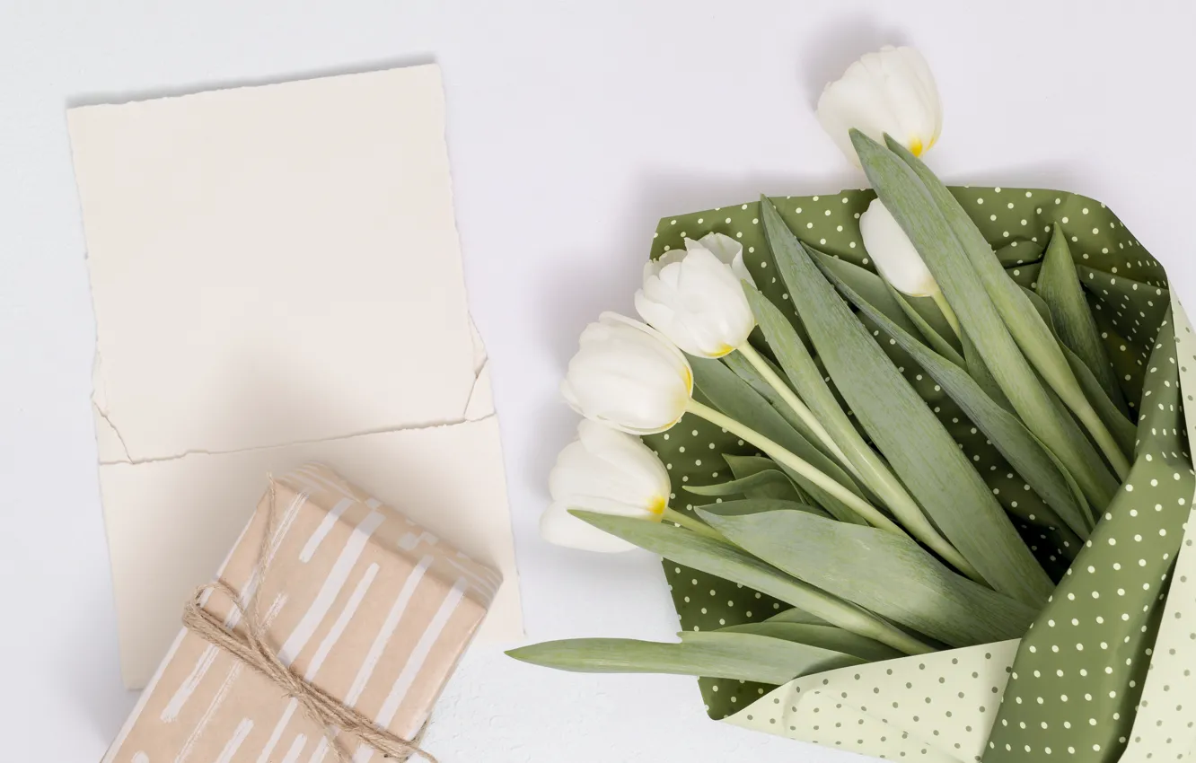 Photo wallpaper gift, bouquet, tape, tulips, white