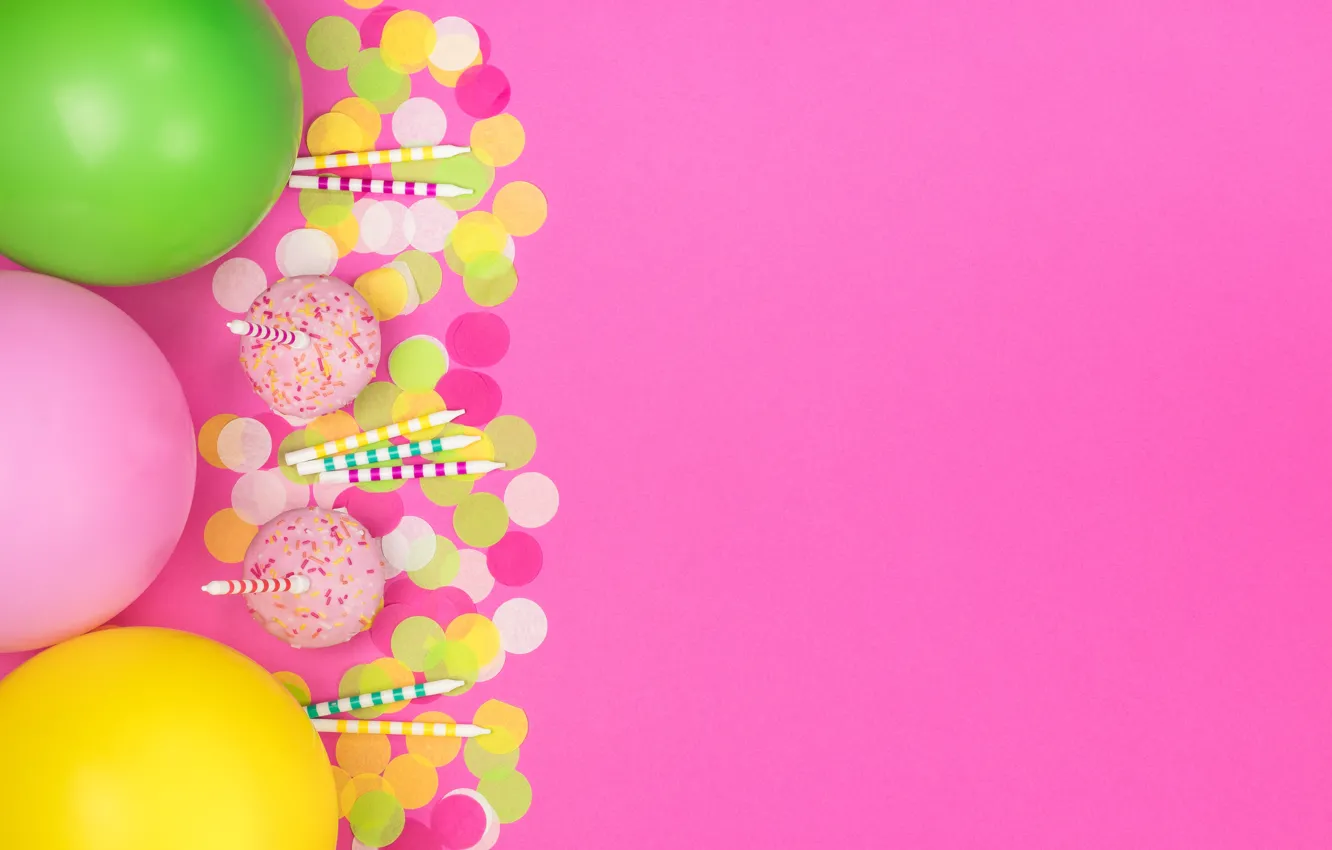 Photo wallpaper birthday, holiday, balls, candles, cupcakes