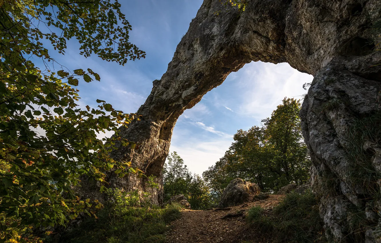 Photo wallpaper autumn, forest, the sky, stones, rocks, arch
