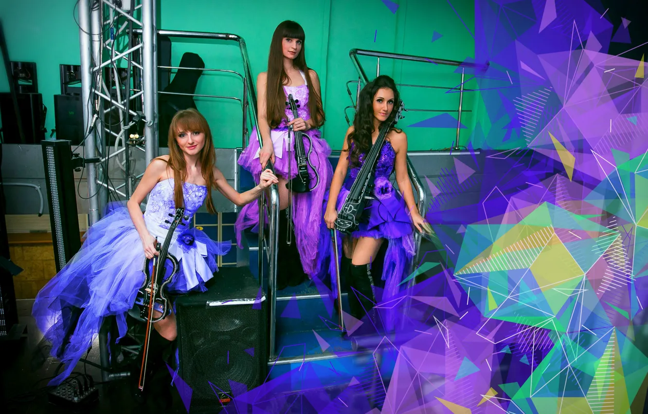 Wallpaper girls, violin, group, green, trio, purple, lilac, musicians