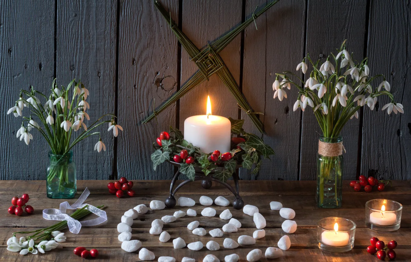 Photo wallpaper flowers, style, berries, spiral, candles, snowdrops, pebbles
