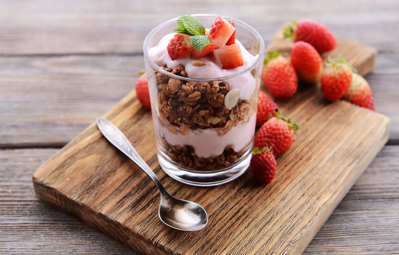 Photo wallpaper berries, strawberry, sweet, strawberry, dessert, muesli, yogurt