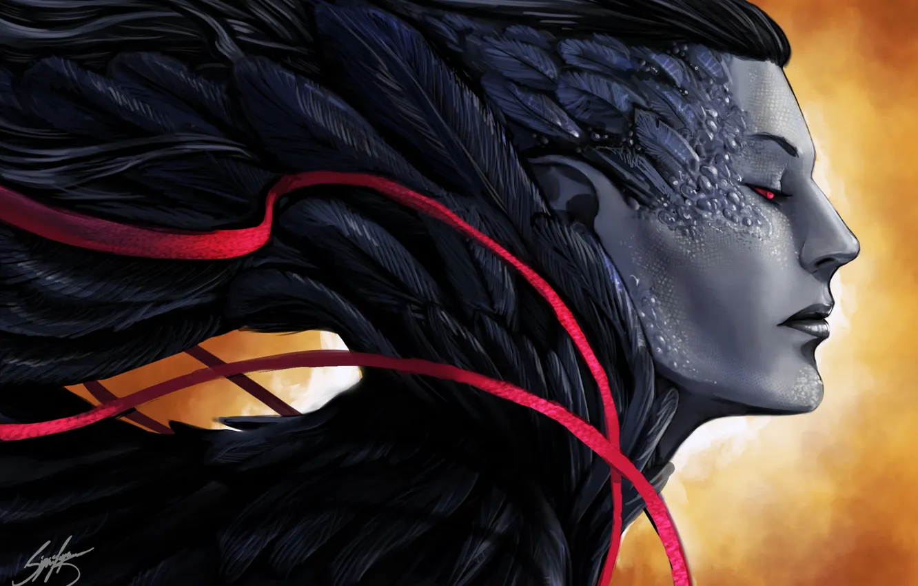 Photo wallpaper face, feathers, art, guy, Raven