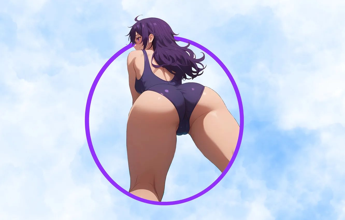 Photo wallpaper girl, ass, anime, purple, swimsuit, butt, babe, backside