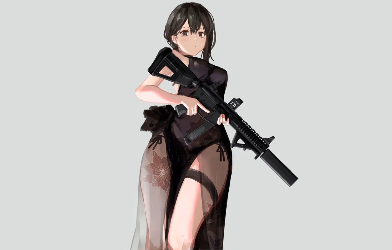 Photo wallpaper look, pose, weapons, anime, manga, light background, weapon, beautiful girl