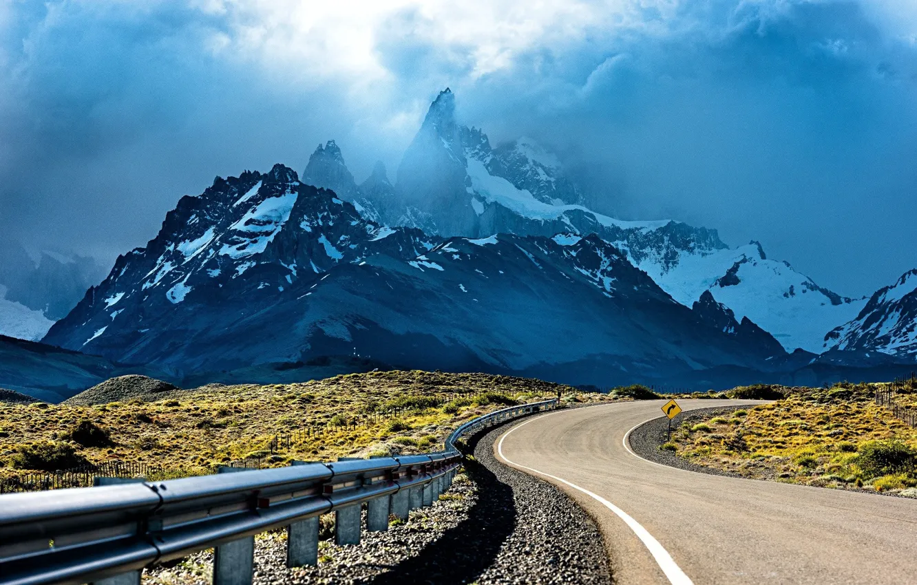 Photo wallpaper road, sky, landscape, nature, sunset, Argentina, mountains, clouds
