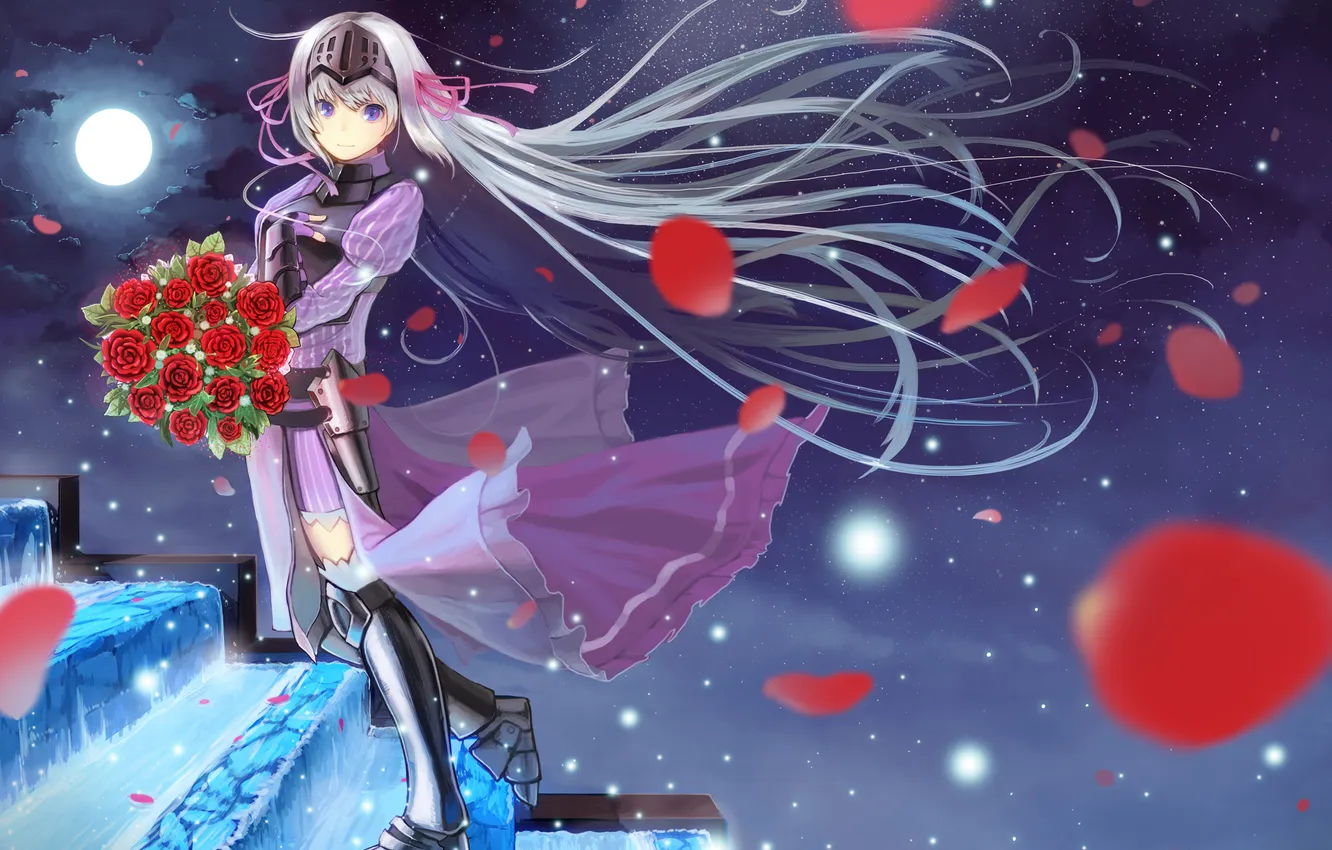 Photo wallpaper water, girl, night, the wind, the moon, roses, bouquet, armor