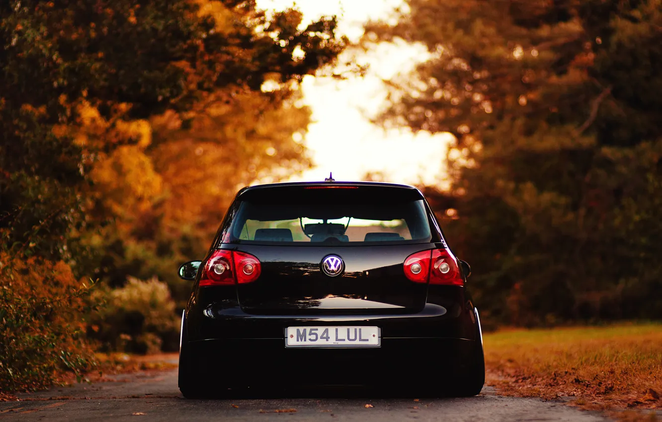 Photo wallpaper road, autumn, city, foliage, Volkswagen, cars, auto, golf