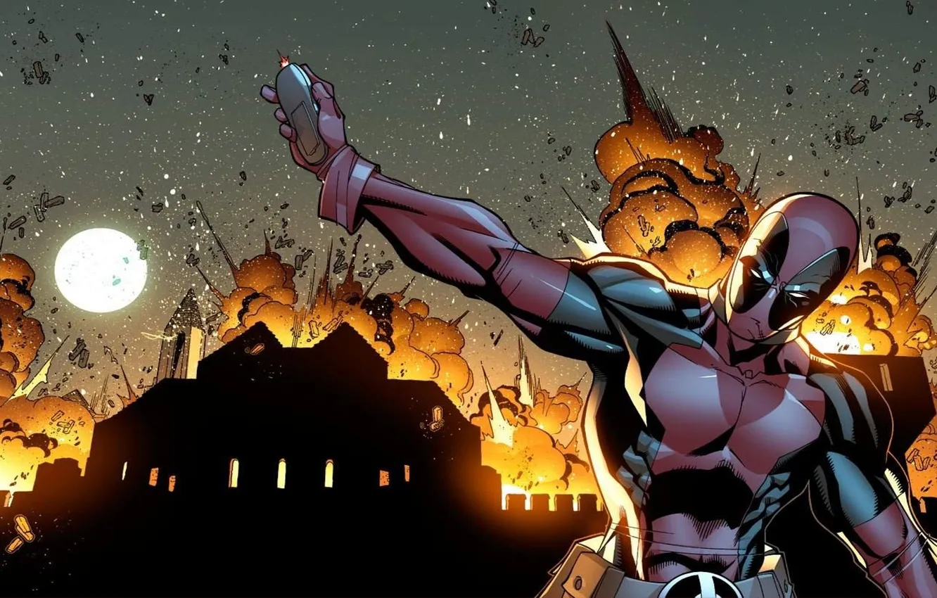 Photo wallpaper the explosion, lights, Heroes, Deadpool, Marvel, comic, ninja, Comics