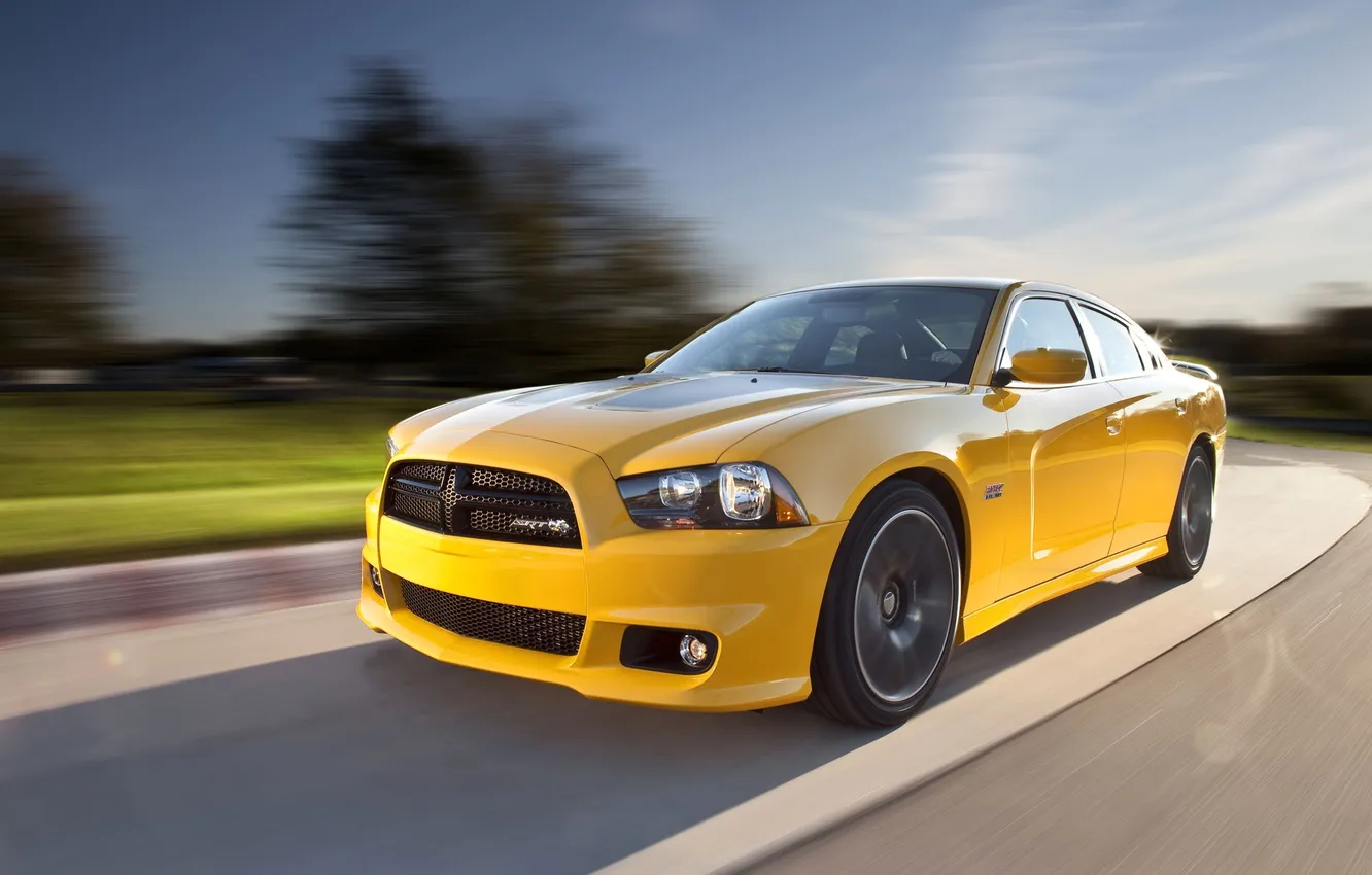 Photo wallpaper road, the sun, yellow, speed, Dodge, Charger