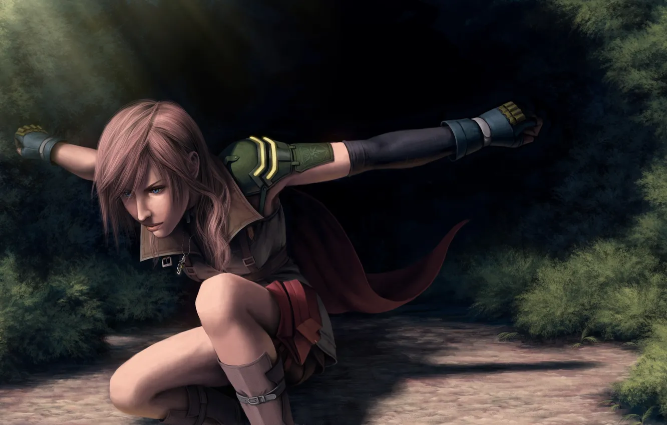 Photo wallpaper forest, girl, pose, pendant, Final Fantasy, the rays of the sun, Lightning, Eclair Farron