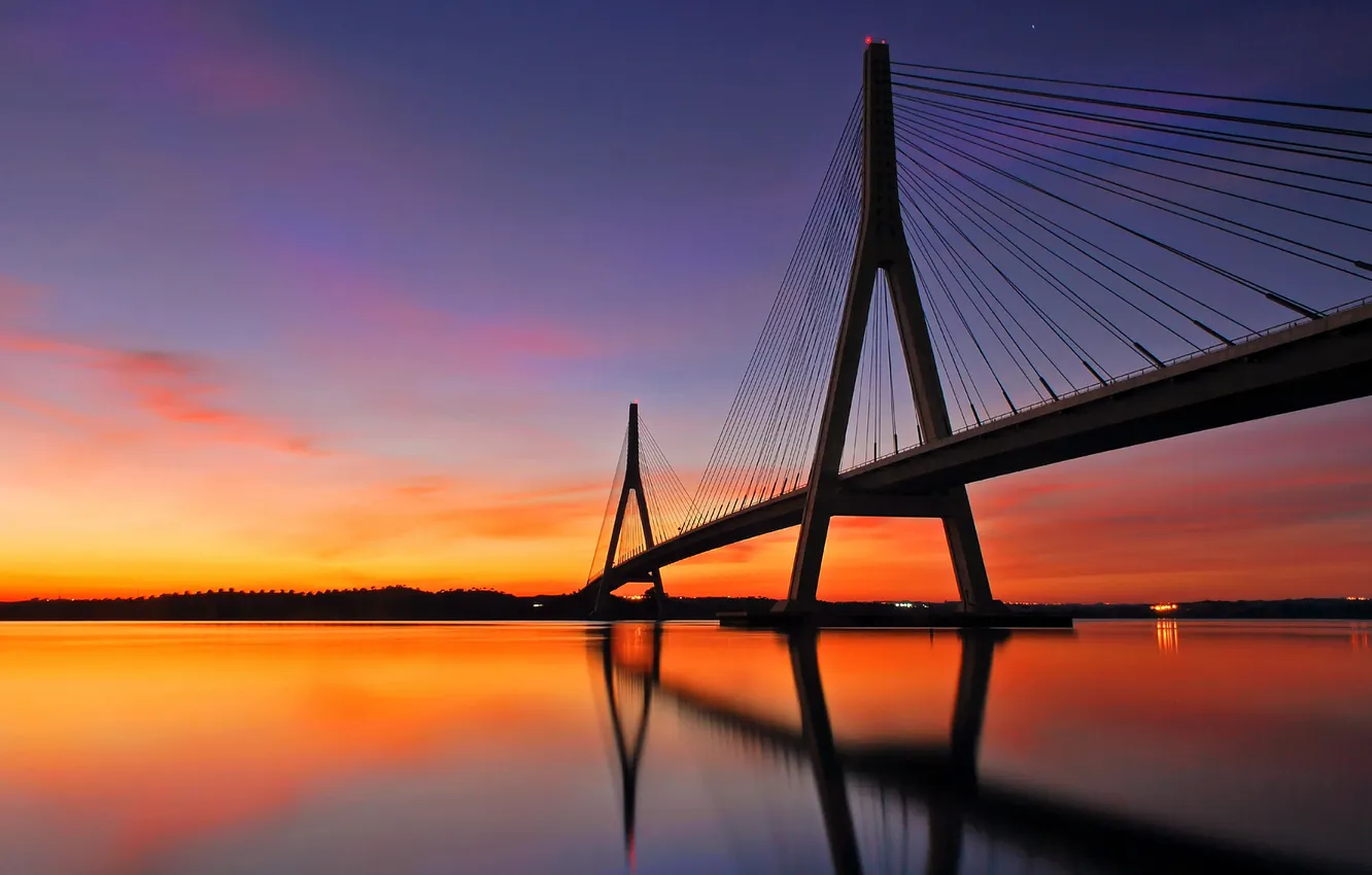 Photo wallpaper sunset, bridge, river, Spain