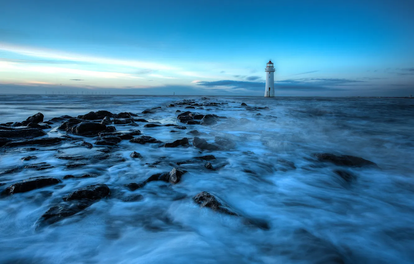 Photo wallpaper sea, the sky, stones, lighthouse, the evening, tide