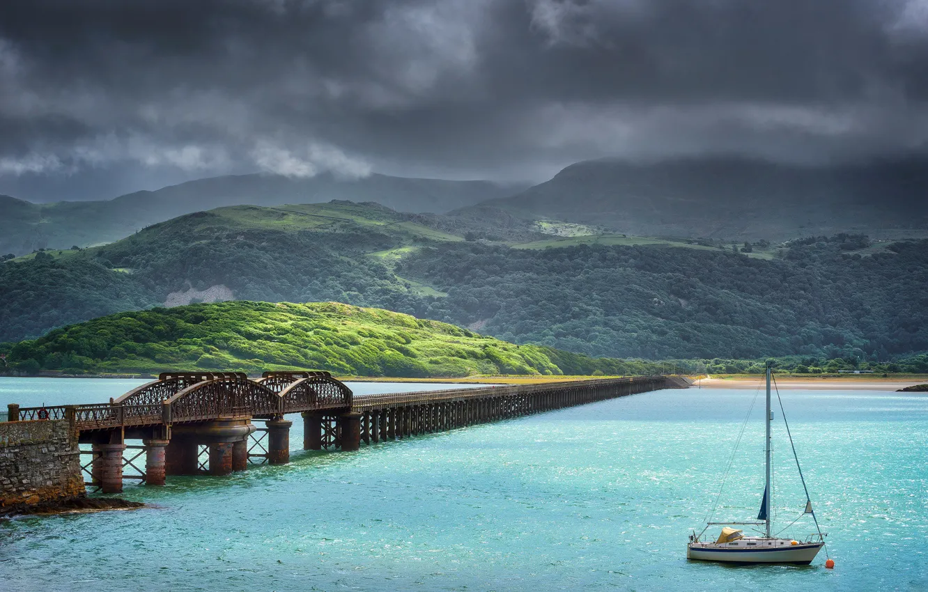 Photo wallpaper clouds, mountains, clouds, bridge, river, field, yacht, forest