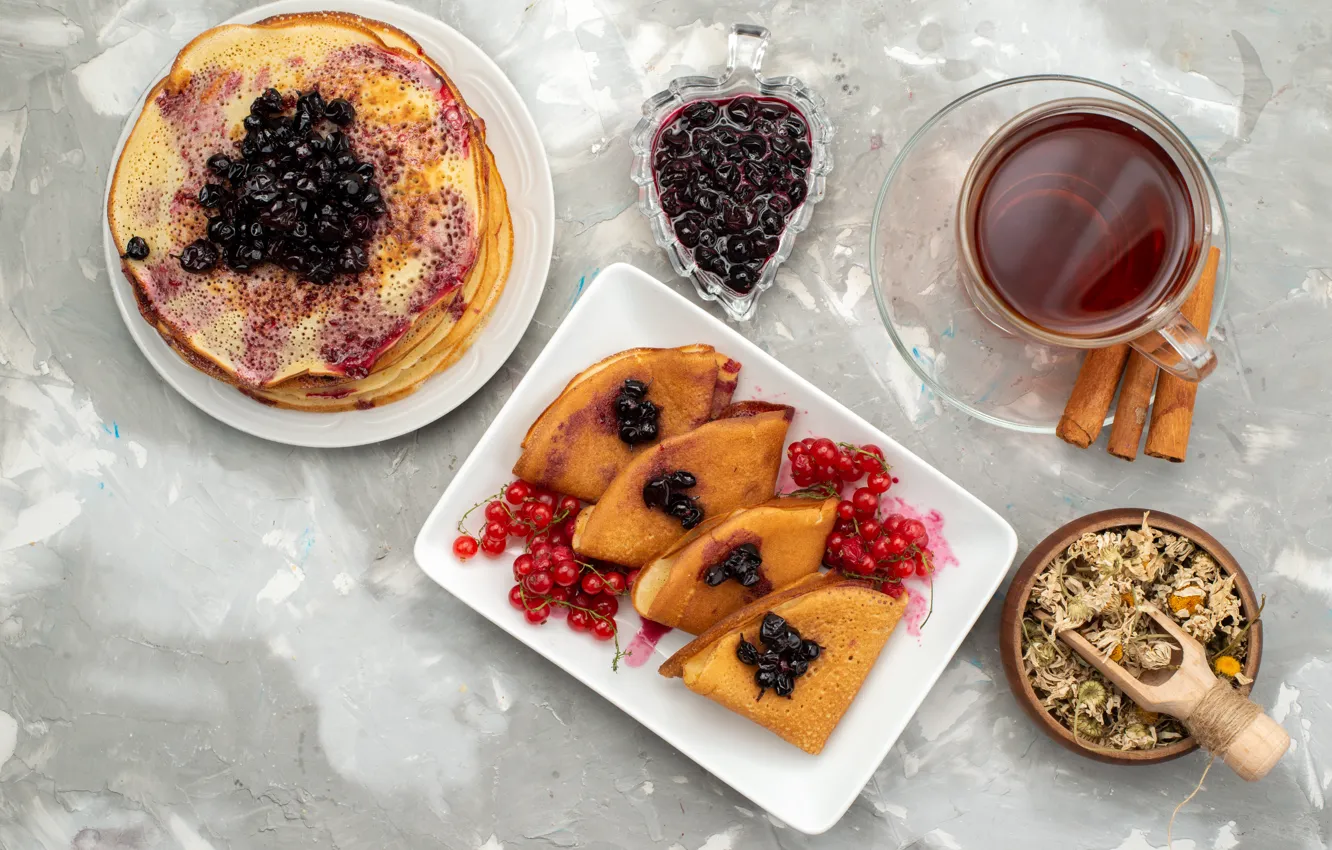 Photo wallpaper flowers, red, berries, tea, black, chamomile, plate, the tea party