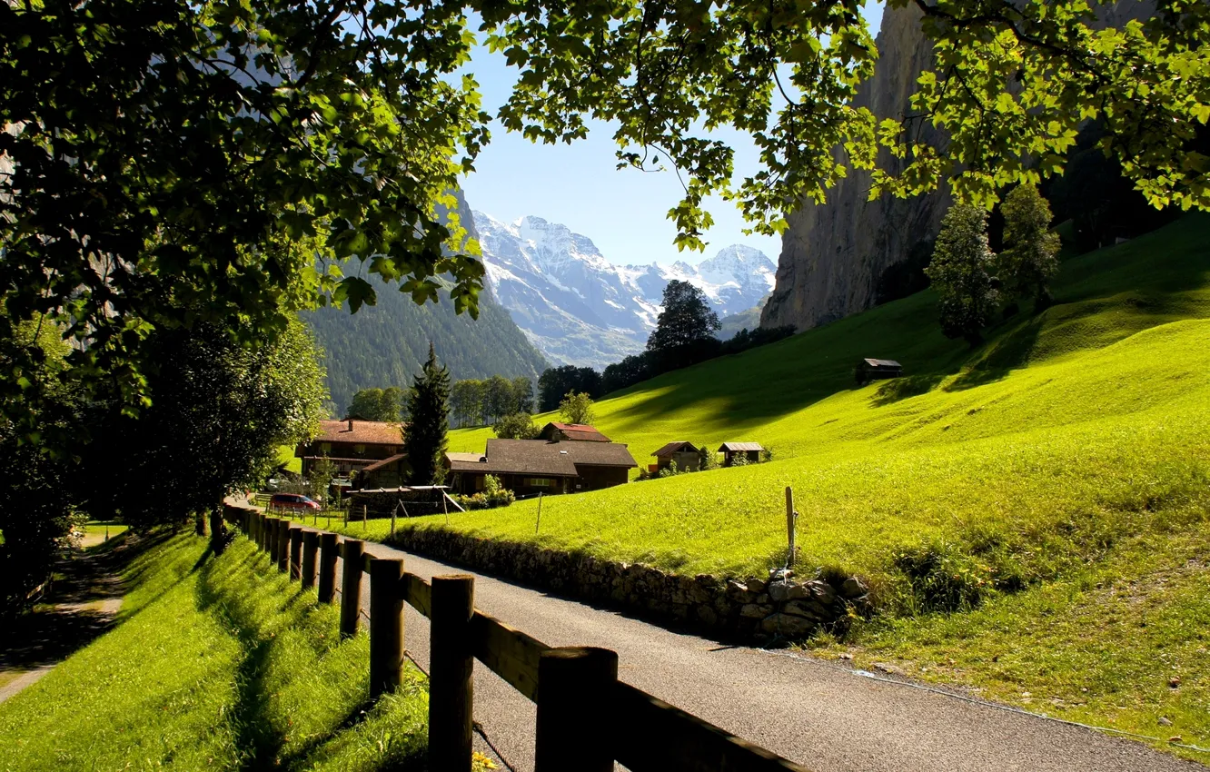 Photo wallpaper mountains, the city, Switzerland, Alps, Lauterbrunnen, Lauterbrunnen, Switzerland, Jungfrau