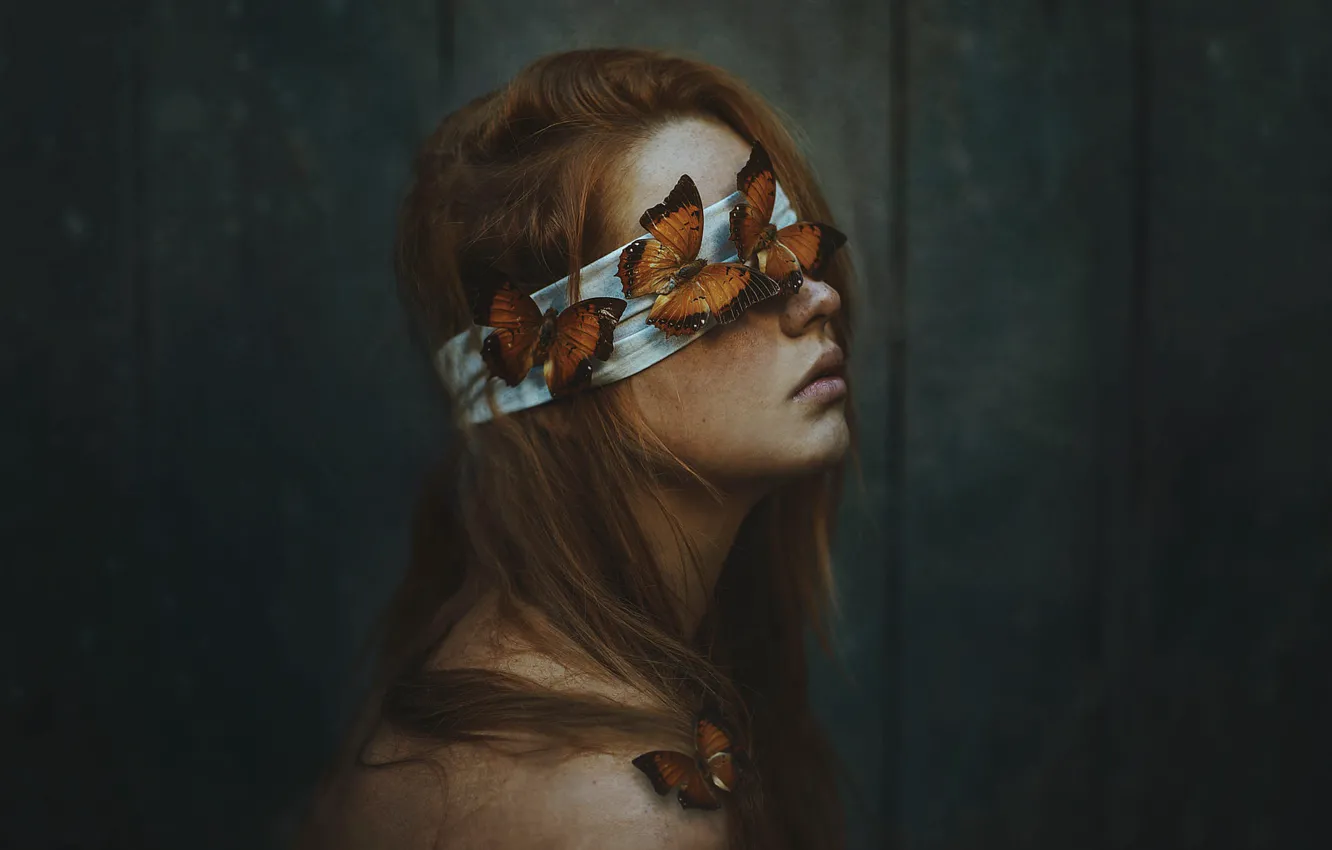 Photo wallpaper girl, style, the dark background, butterfly, headband, redhead, Marketa Novak