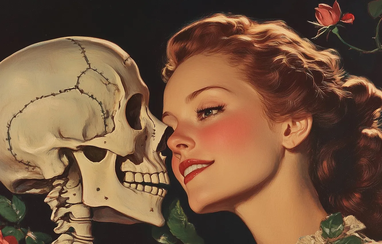 Photo wallpaper girl, smile, skull, roses, stylized painting