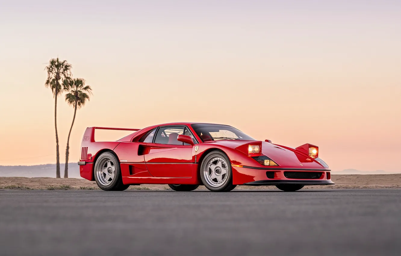 Photo wallpaper Red, F40, Evening, Wheels, Palm trees