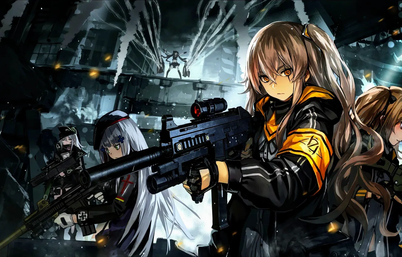 Photo wallpaper gun, smoke, blonde, gloves, girls with guns, anime girls, uniform, scars