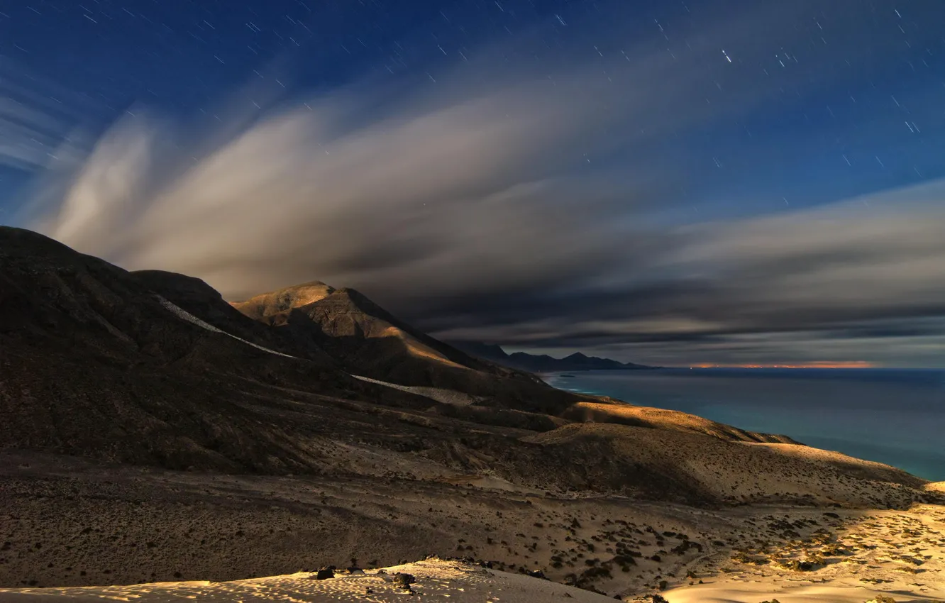 Photo wallpaper sea, clouds, mountains, shore, coast, the evening