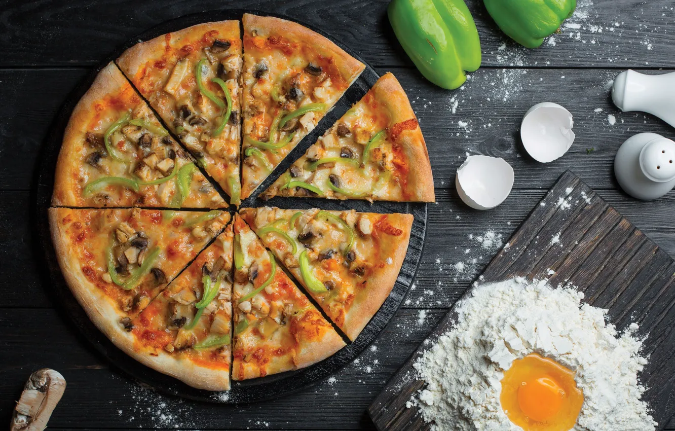 Photo wallpaper mushrooms, eggs, cheese, pepper, pizza, cakes, pizza, flour