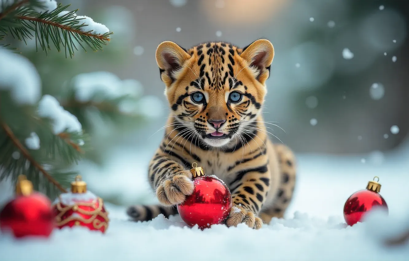 Photo wallpaper winter, look, balls, snow, branches, nature, the game, new year