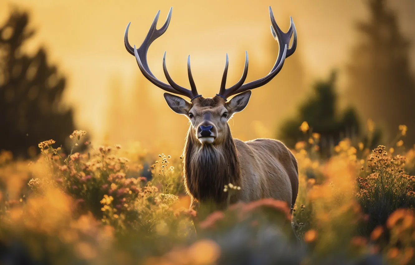 Photo wallpaper field, flowers, nature, deer, meadow, AI art, neural network