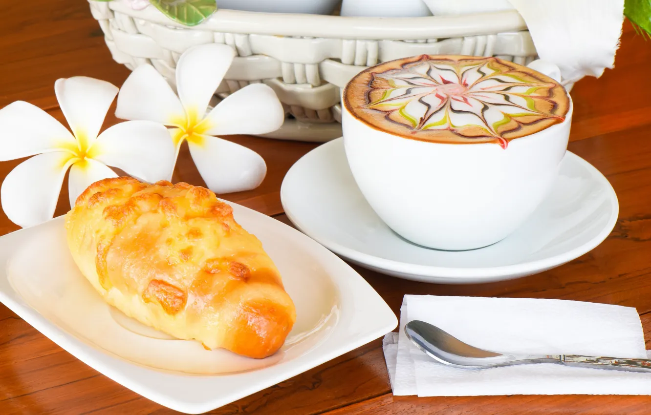 Photo wallpaper flowers, cappuccino, croissant