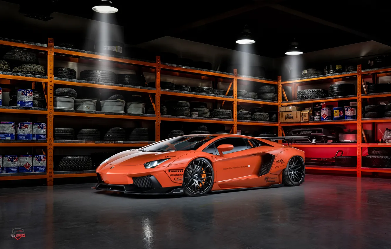 Photo wallpaper Lamborghini, tuning, garage, Aventador, Liberty Walk, LB Performance