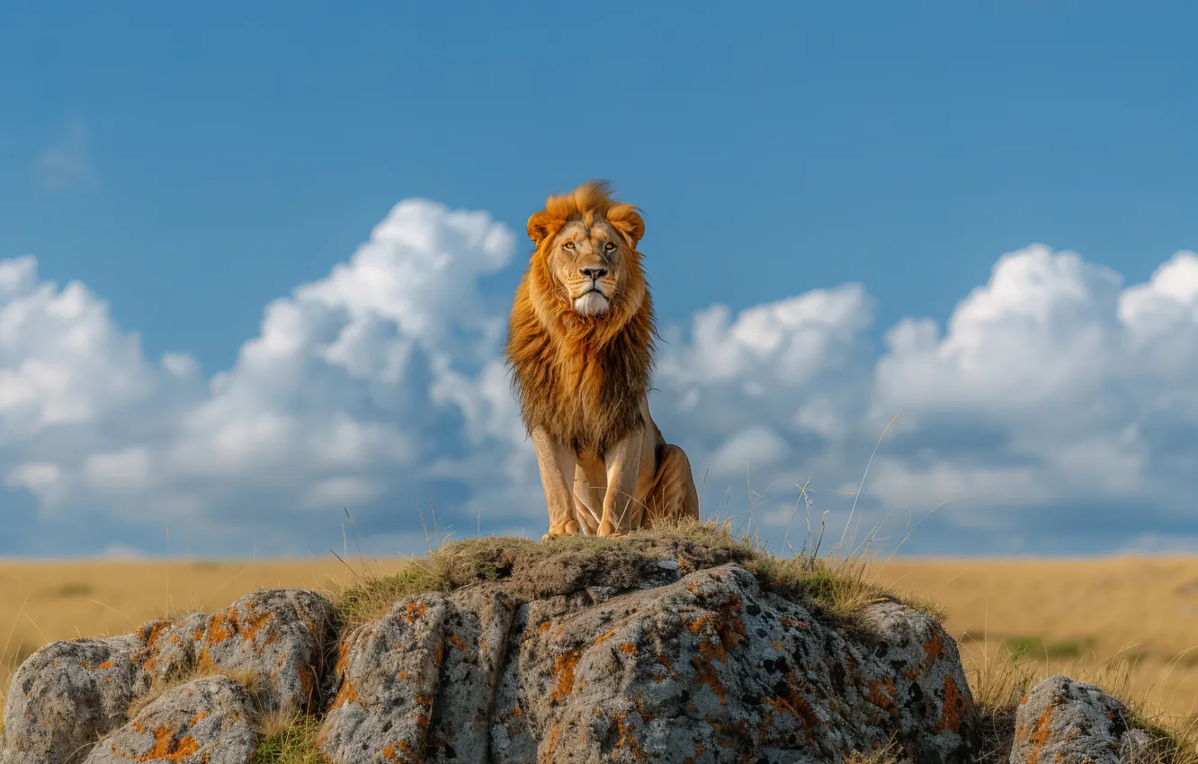 Photo wallpaper clouds, stones, predator, Leo, Savannah, big cat, digital art, AI art