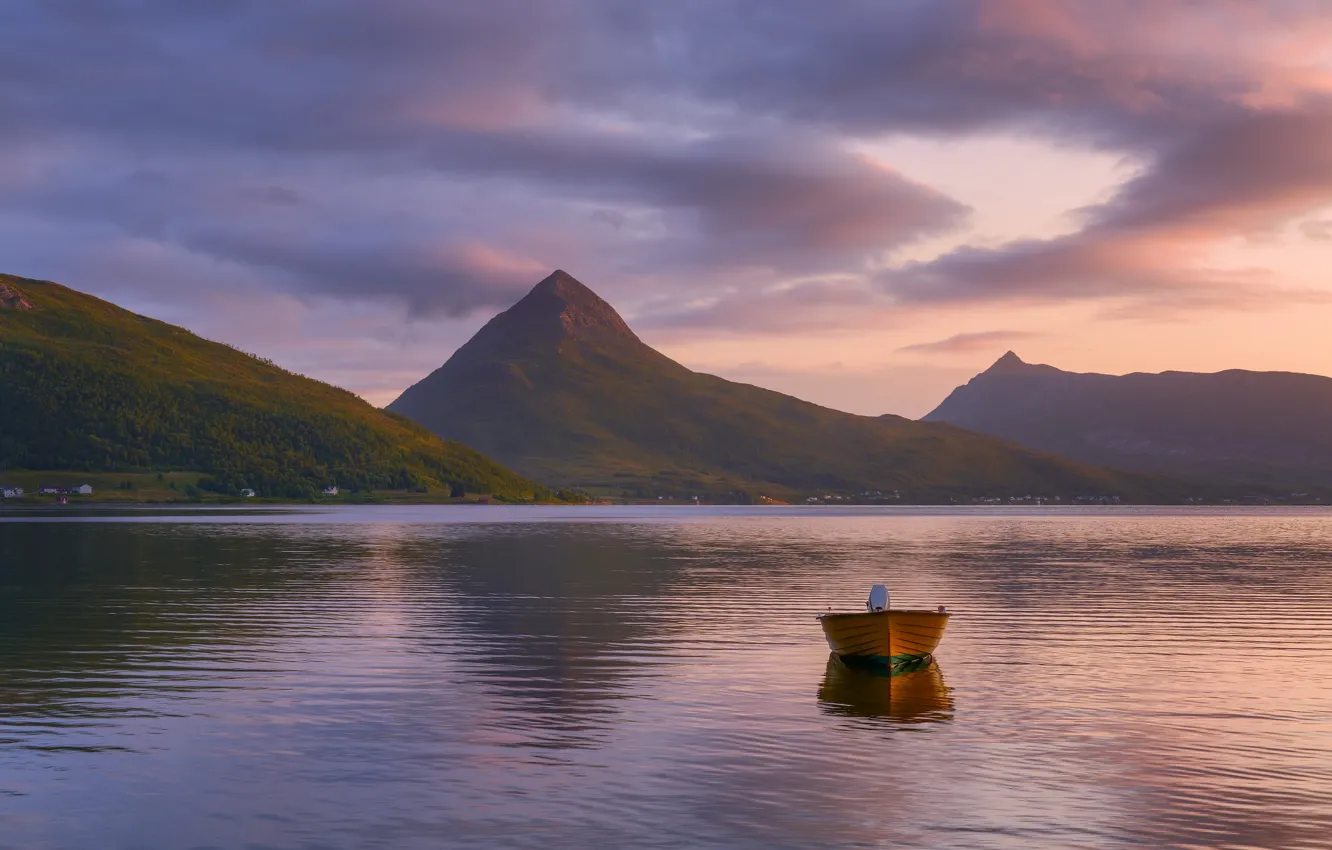 Photo wallpaper sea, mountains, boat, island, Norway, Senja, white night, Maxim Evdokimov