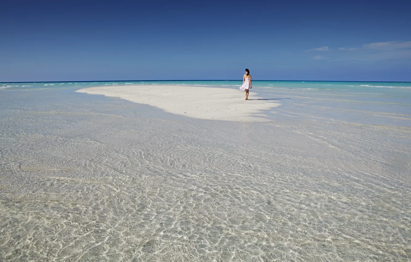 Photo wallpaper sand, beach, water, girl, clouds, background, the ocean, widescreen