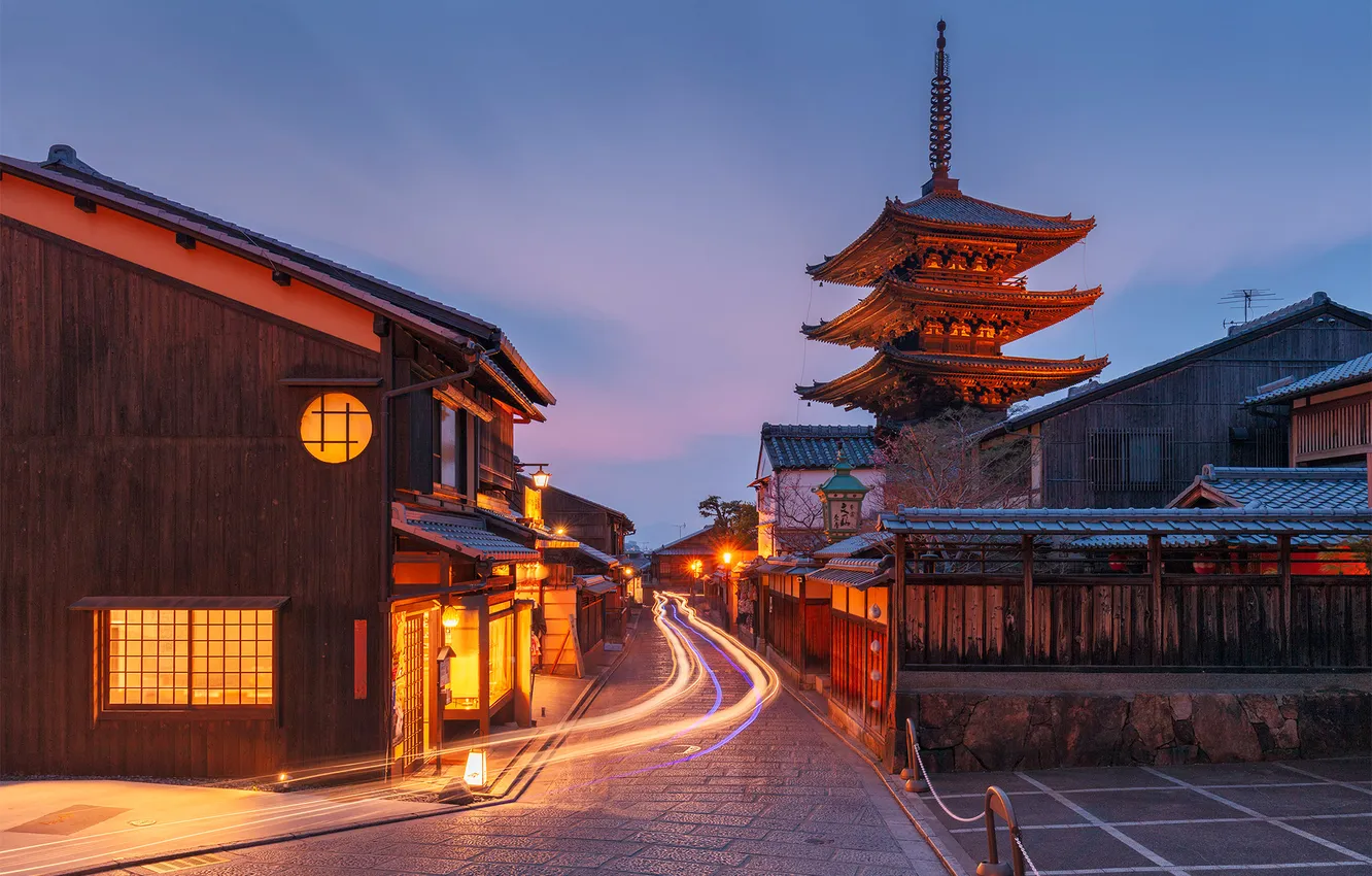 Photo wallpaper city, lights, Japan, house, Kyoto, evening, street, buildings
