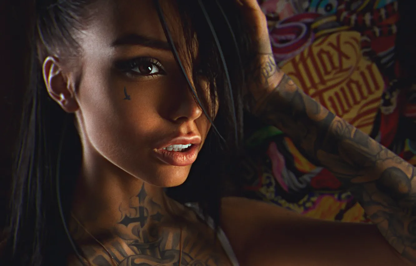 Photo wallpaper art, model, tattoo, face, Max Twain, Retouch