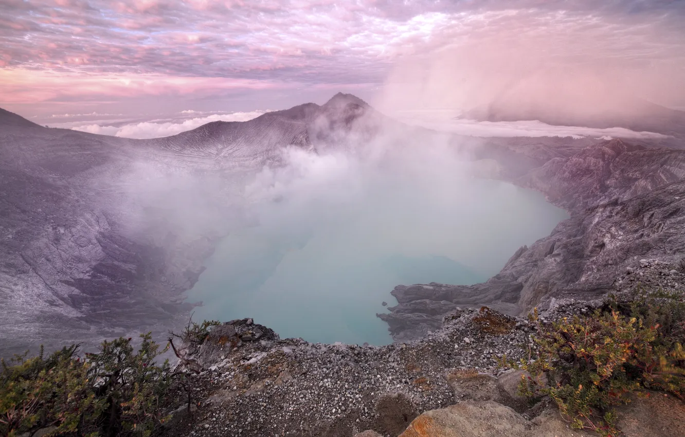 Photo wallpaper clouds, mountains, fog, lake, stones, rocks, shore, morning