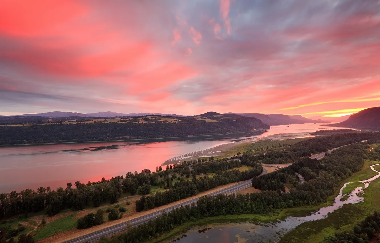 Photo wallpaper road, forest, sunset, river