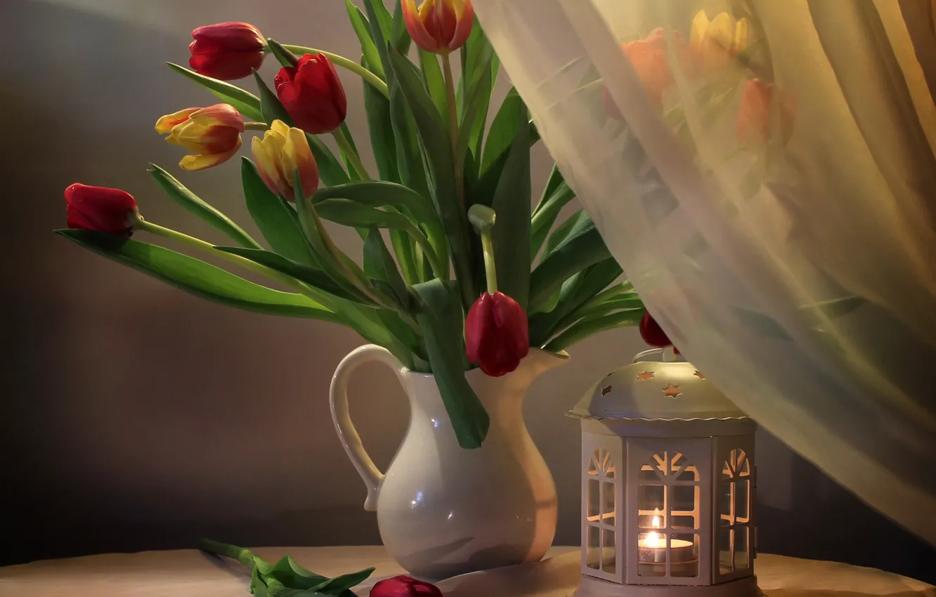 Photo wallpaper table, fire, lamp, candle, lamp, tulips, vase, curtain