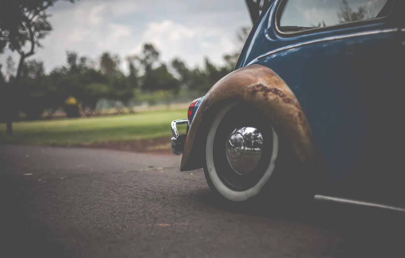 Photo wallpaper road, field, the sky, grass, clouds, trees, Volkswagen, wheel