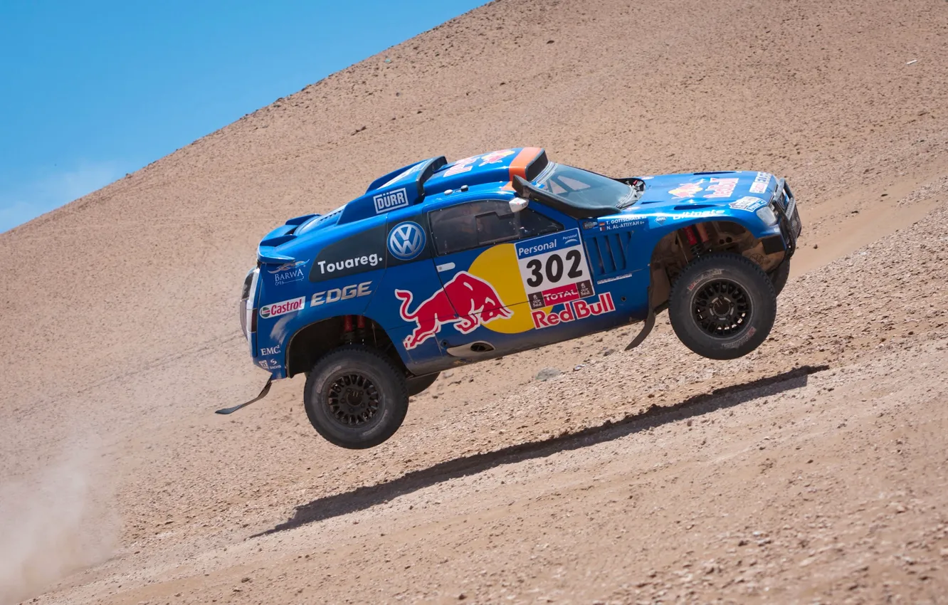 Photo wallpaper Blue, Volkswagen, Speed, Race, Red Bull, Touareg, Rally, Dakar