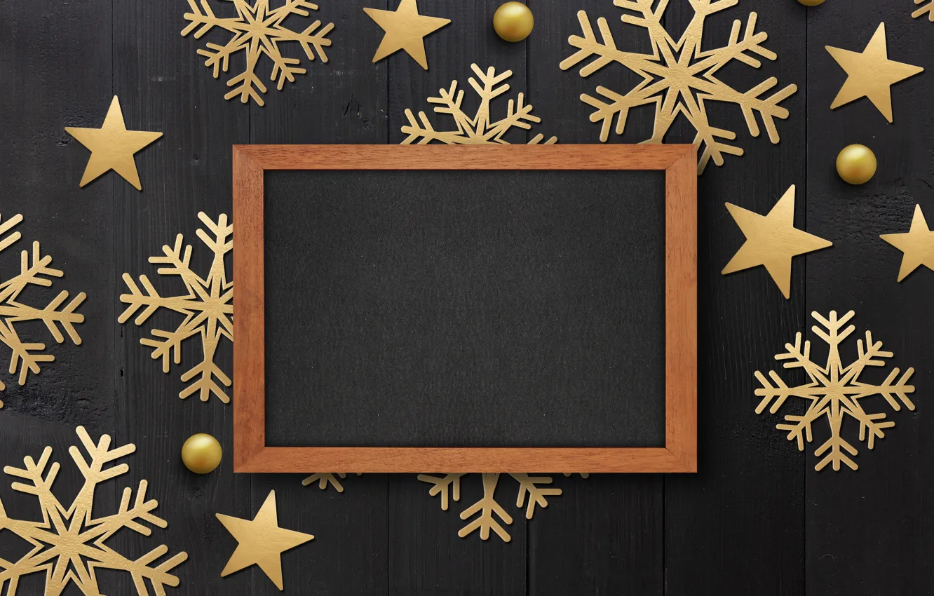 Photo wallpaper winter, snowflakes, frame, golden, black background, black, Christmas, winter