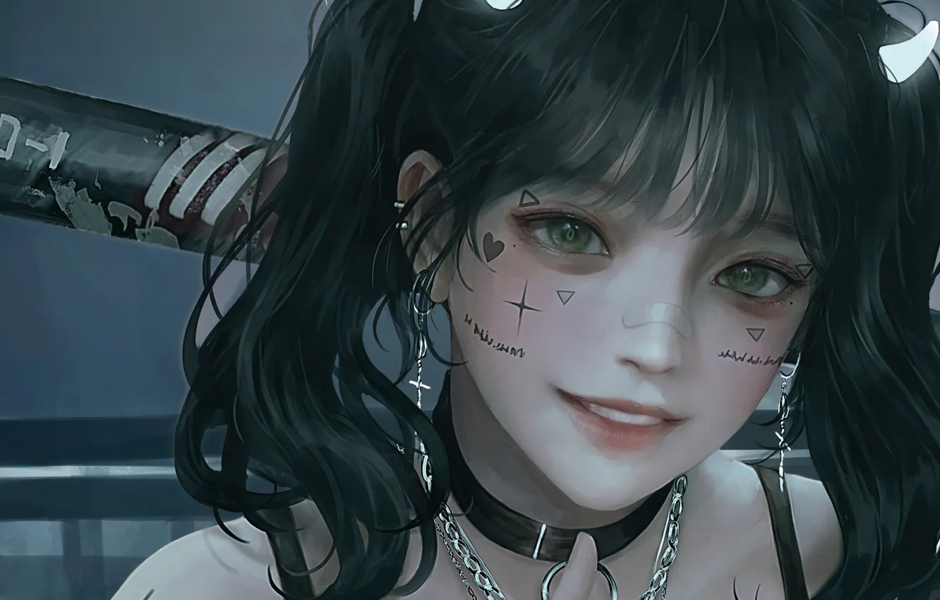 Photo wallpaper girl, green eyes, heart, anime, pretty, tattoo, bat, face