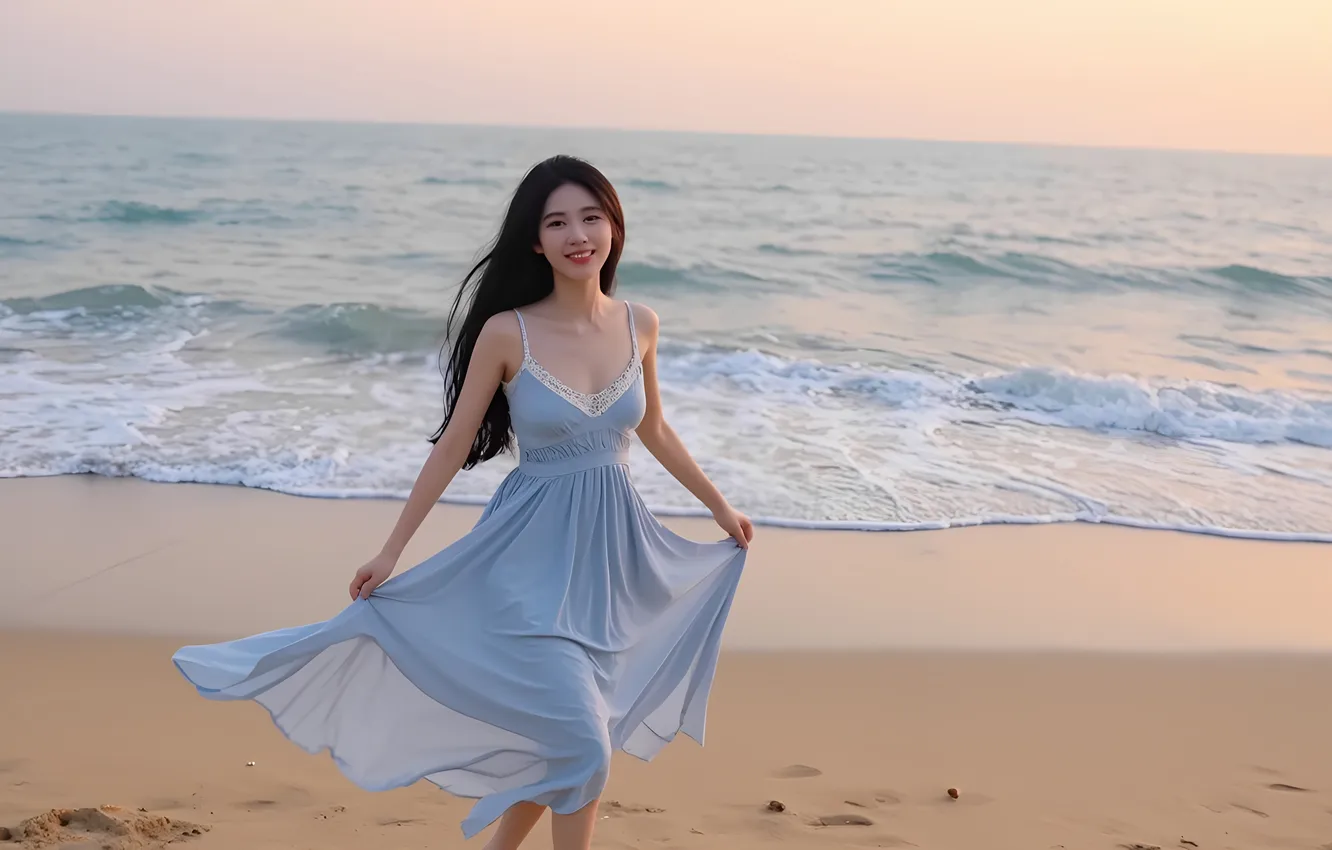 Photo wallpaper sand, sea, beach, look, girl, Chinese, Asian, long hair