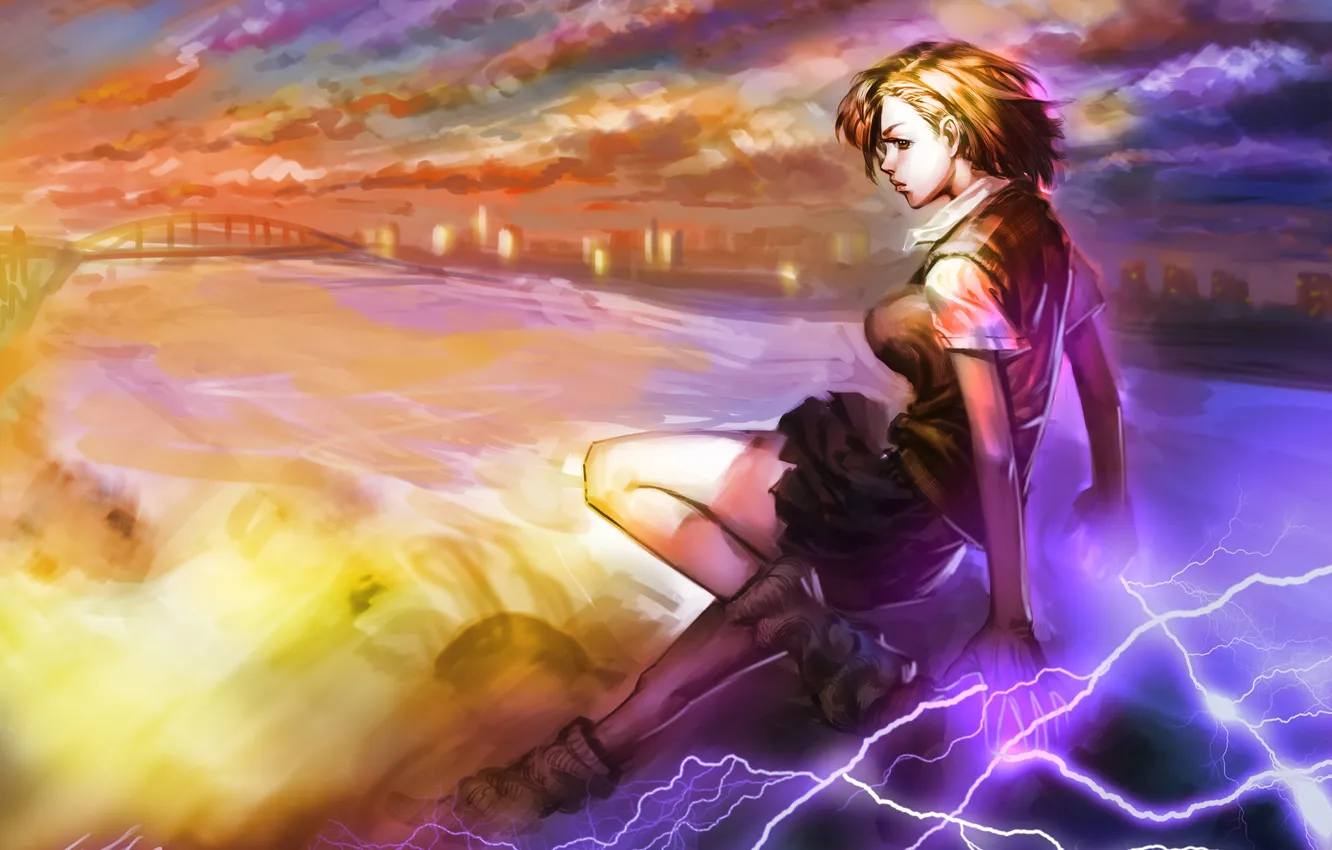 Photo wallpaper look, girl, sunset, the city, magic, anger, misaka mikoto, to aru kagaku no railgun