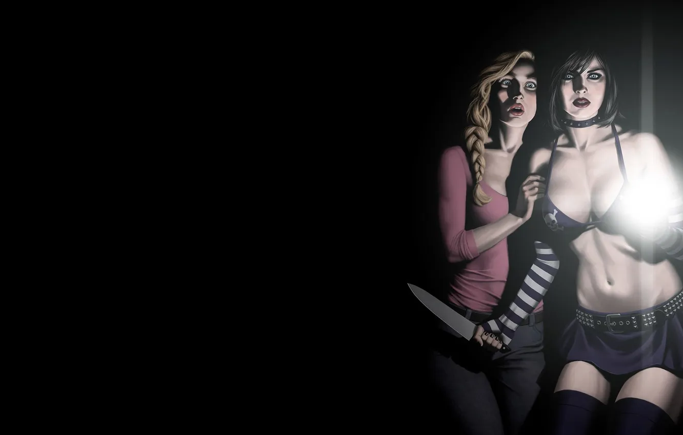 Photo wallpaper girl, face, fear, lights, knife, horror, black background
