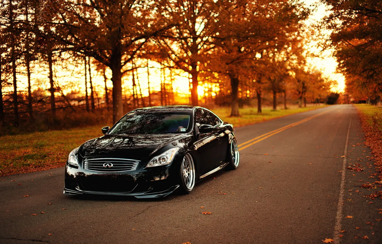 Photo wallpaper road, autumn, trees, sunset, tuning, coupe, Infiniti, car