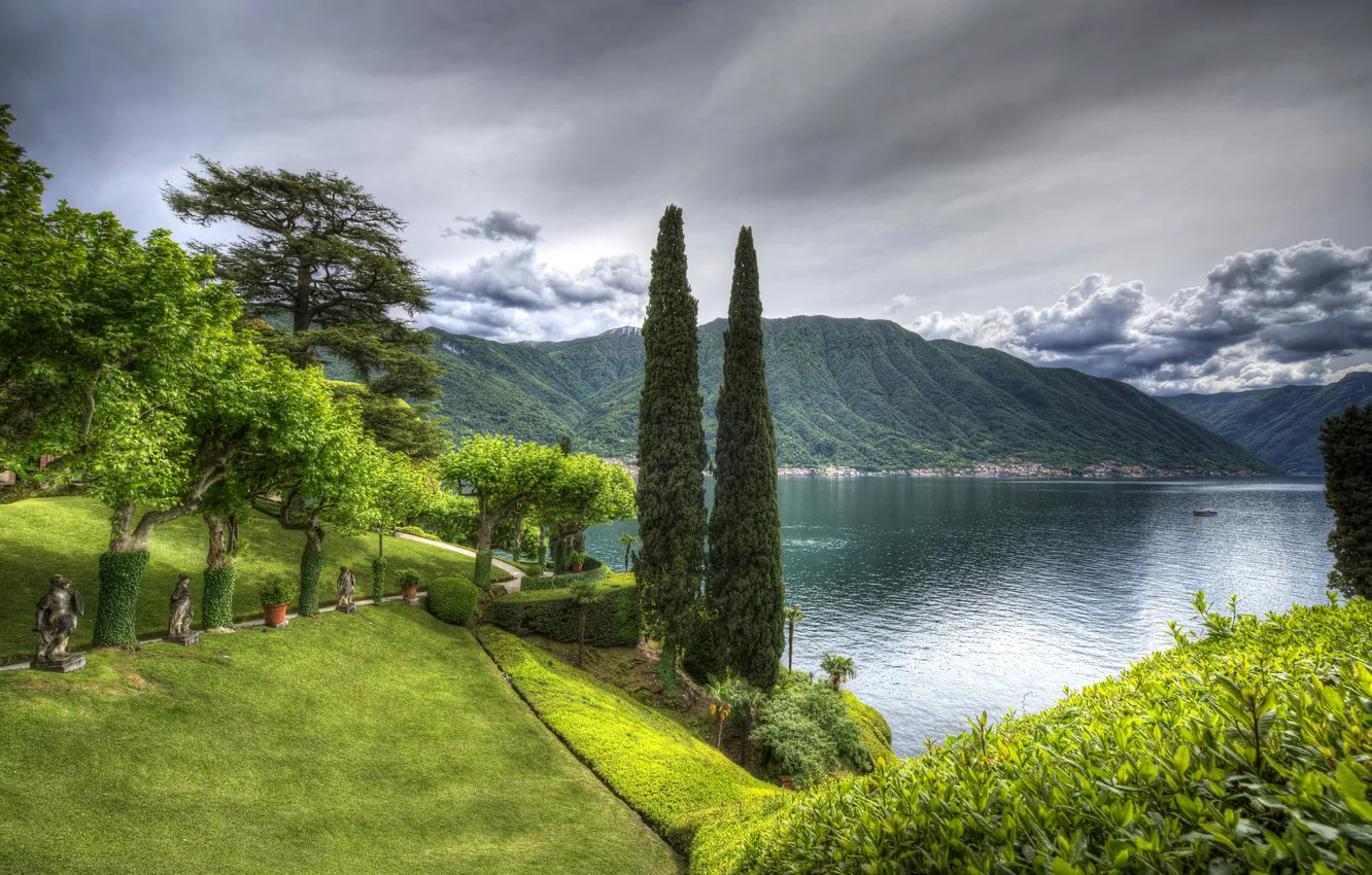 Photo wallpaper greens, grass, clouds, trees, mountains, design, lake, lawn