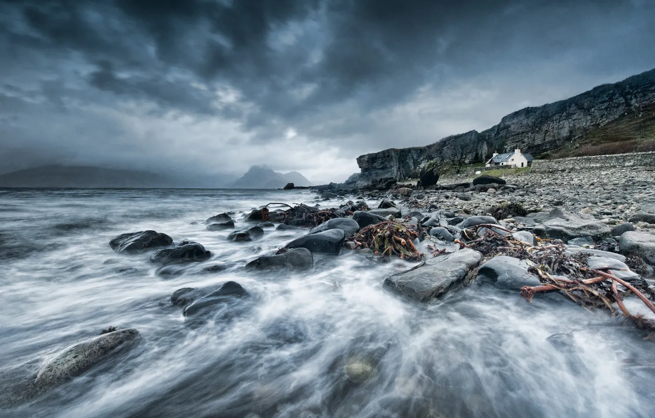 Photo wallpaper sea, stones, shore, home, gray day