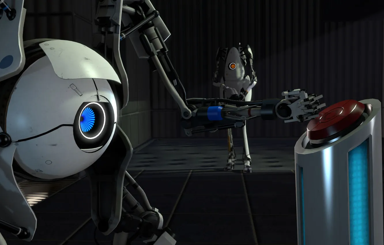 Photo wallpaper robot, button, Portal 2, clicks