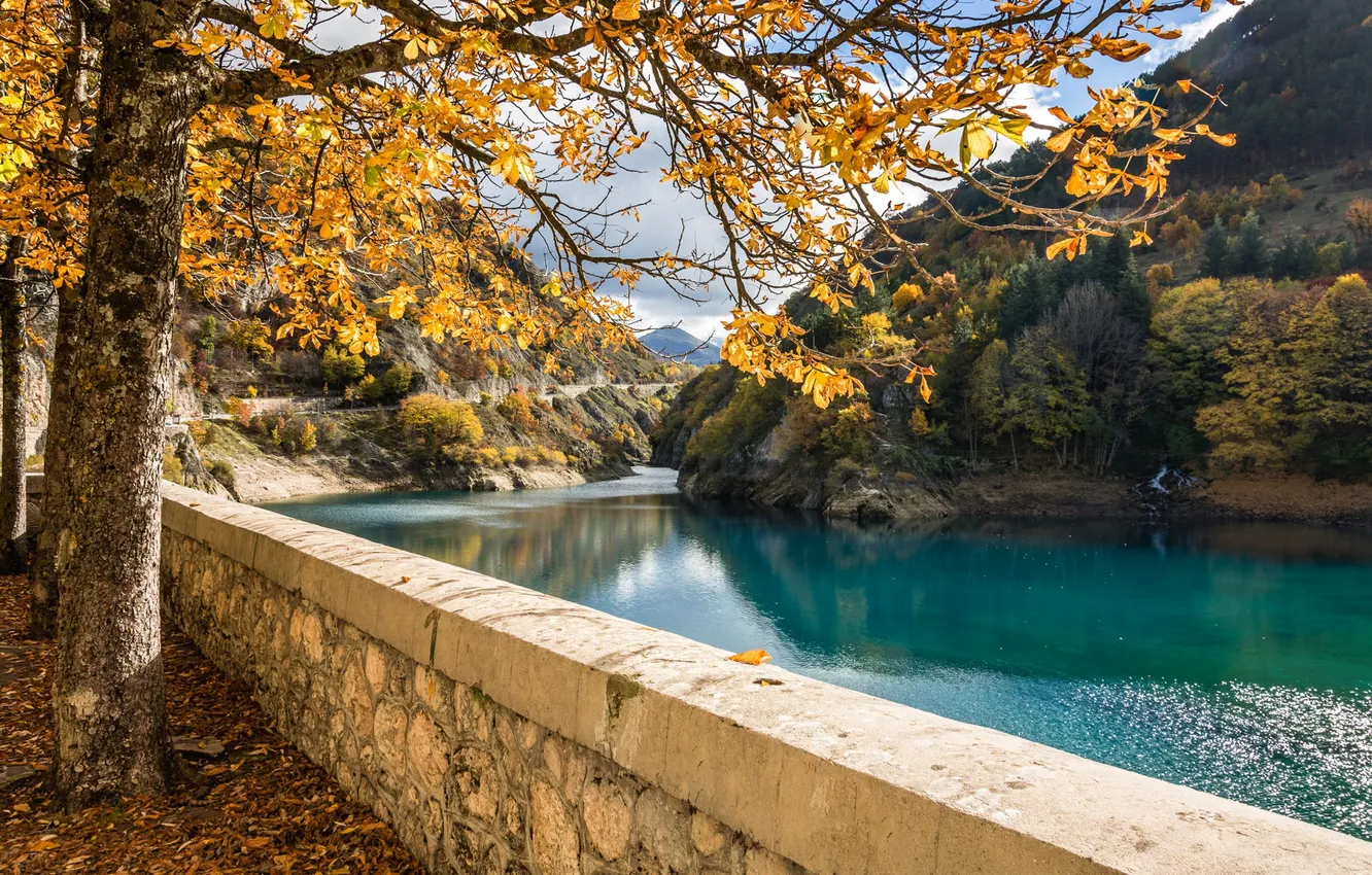 Photo wallpaper autumn, trees, mountains, river